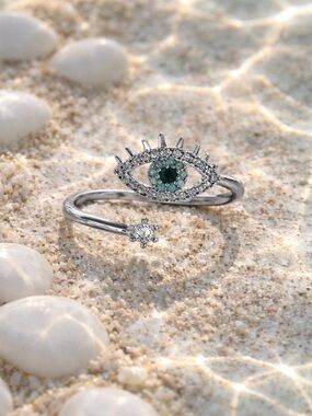 Evil Eye Open Ring with Emerald Center - Silver